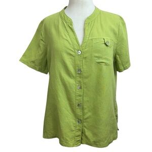 Hot Cotton Linen Blend Green Short Sleeve Button Down Shirt Top Womens Medium